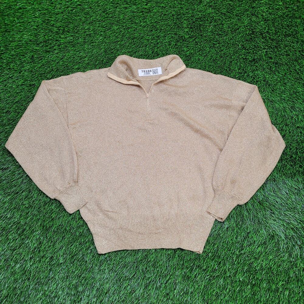 Vintage 70s Gold Metallic Shimmer Sweater 1/4 Zip Talon Zipper Lurex Top Glam M